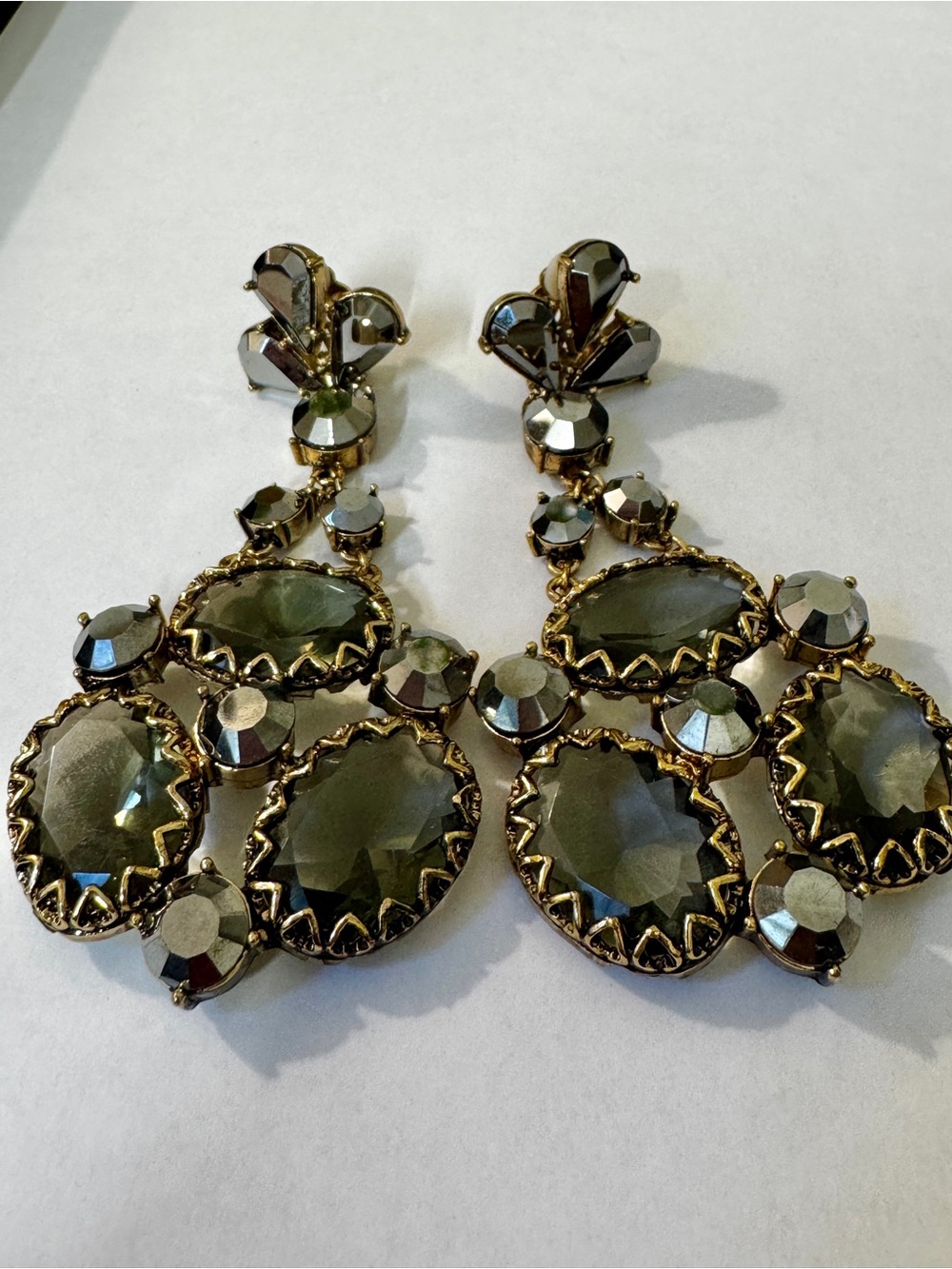 Badgley Mischka Olive Green and Gold Crystal Chandelier Earrings